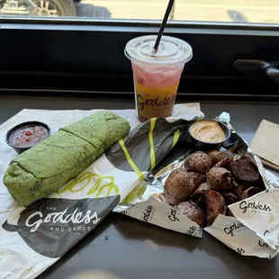 Goddess Breakfast Wrap (V)* Crispy Breakfast Potatoes DragonBerry Lemonade