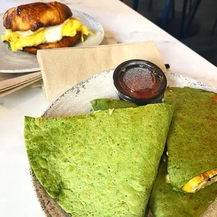 Breakfast Quesadilla and Croissant Sandwich