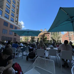 people sitting at tables under umbrellas