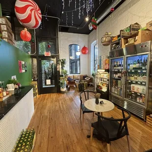 Indoor seating, groceries for sale