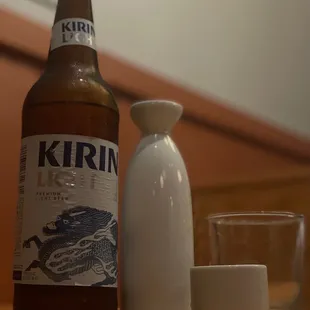 a bottle and a glass