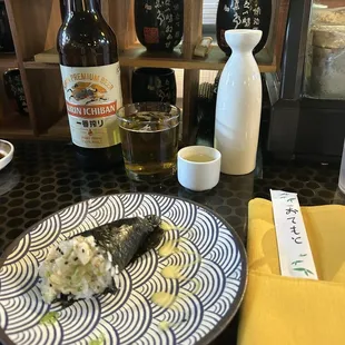 Escarole hand roll and Sake Bomb