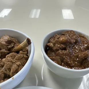 Chicken and pork adobo and beef caldereta.