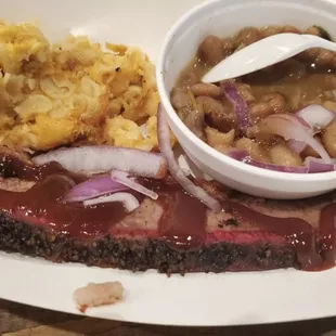 Mac &amp; cheese, brisket, and baked beans.