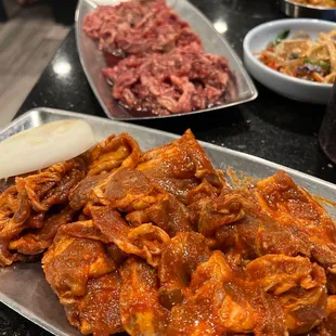 Pork belly bulgogi and beef bulgogi.