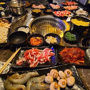 This is 1 round of hot pot/kbbq (AYCE wasn't necessary lol) we didn't know what was what, but the banchan was good! It's all served at once