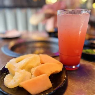 a plate of food and a drink