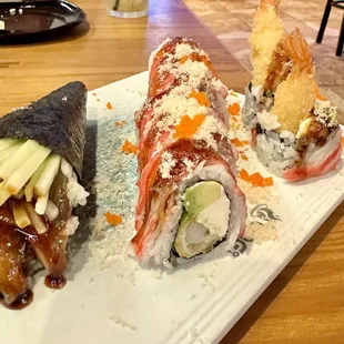 Eel hand roll and Hawaii roll
