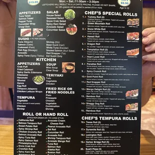 All you can eat Lunch menu