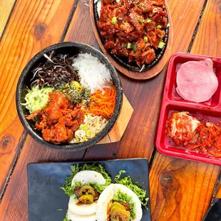 Spicy Pork, Bibimbap, Pork Belly Baos, banchan