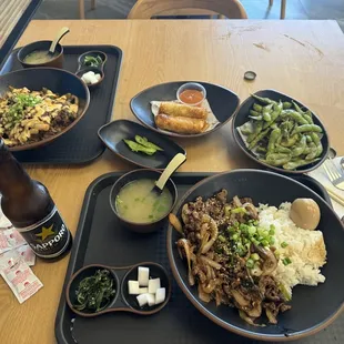 bulgogi fries, beef bulgogi with steamed rice. side of egg rolls and spicy garlic edamame.