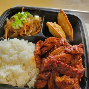 spicy pork plate with choice of 2 sides (dumplings and japchae selected) $14.95...$20 after tax and tip