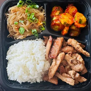 BBQ Chicken Plate w/ side of Spicy Cucumber &amp; Japchae (marinated glass noodles)--solid!