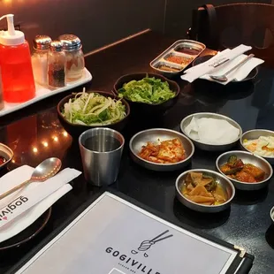 a table with a variety of food items