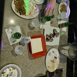 Yakisoba, musubi, soju (peach, bitter apple, strawberry)