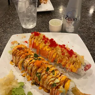 Spicy cowboy &amp; a crimson n cream roll with some sake !
