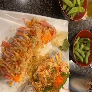Fire cracker and crimson n cream rolls edamame and a sapporo !