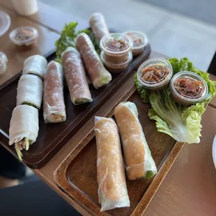 fresh spring rolls (sugarcane shrimp &amp; pork sausage), pho roll (beef)