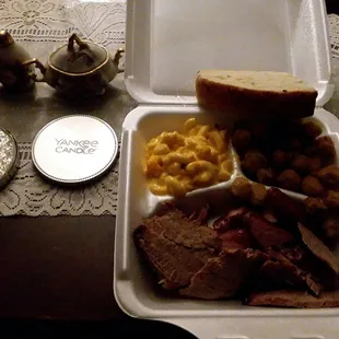 Brisket, sausage,macaroni &amp; cheese and okra with jalapeño bread.