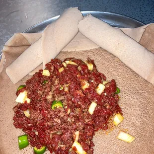 Kitfo cooked medium, spicy and flavorful