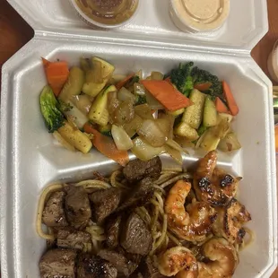 Steak and shrimp hibachi with noodles- sauces were ginger and yum yum (both came with the order not added extra)