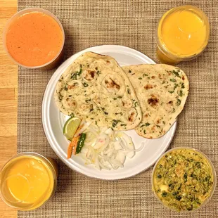 Mango Lassi, Paneer Tikka Masala, Saag Paneer, Garlic Naan