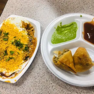 Kachori chaat on the left. Samosa on the right.