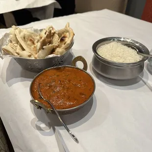 Butter chicken, rice, and naan. Also lots of yummy!!!