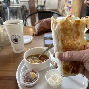 Breakfast burrito, green chili soup, coffee