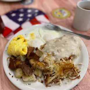 Biscuits and sausage gravy and Denver Omelet
