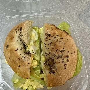 Egg Salad Sandwich on an onion bagel- very tasty but messy to eat