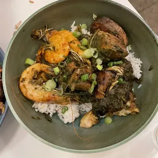 Potato greens with chicken, prawns and fish with rice