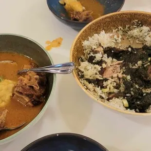 The peanut goat soup (left) and chicken potato greens (right).