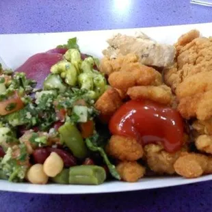 Salsa, pasta, salad, beets, shrimp &amp; chicken