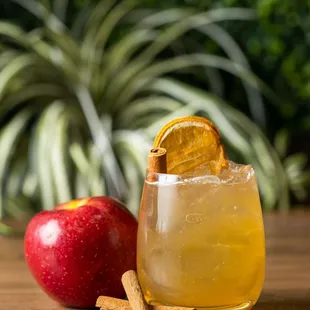 an apple and a drink