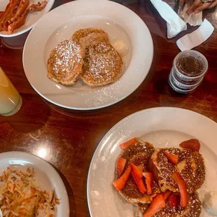 Hashbrowns, Red Velvet French Toast, Cinnamon Roll French Toast, &amp; bacon