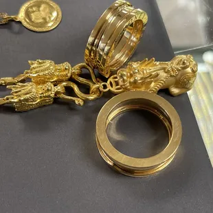 We carry 10k, 14K and 24K gold we also custom make jewelry