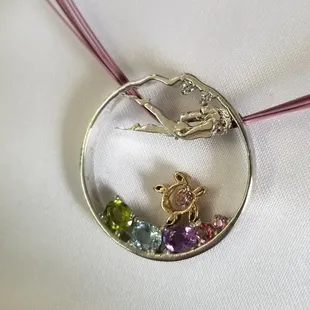 Scuba diver and turtle with gemstones necklace