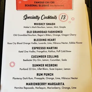 Cocktail menu Fall 2024