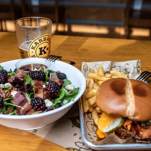 Black and blue salad with a Rolls Royce sandwich