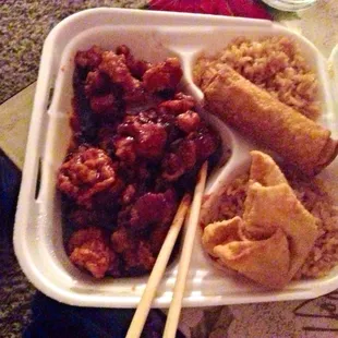General Tsos Chicken with Fried Rice and a Pork Egg Roll