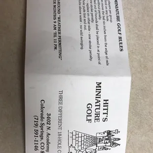 The back of each score cards had the house rules and hours with address and phone number
