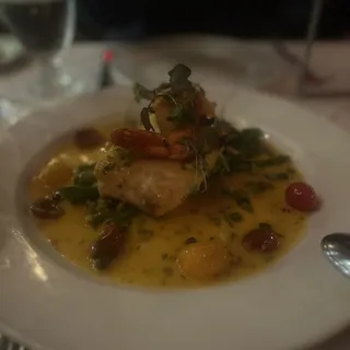 Pan Seared Local Halibut with Jumbo Prawn