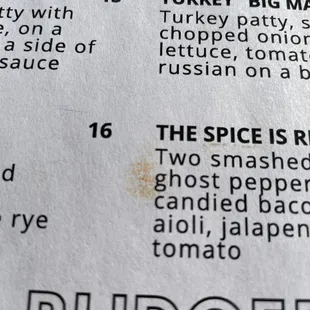 Food smudge on the menu, so they either reuse the menus, or the host has dirty hands. 5/31/21