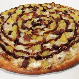 "Bedrock BBQ Chicken "  Sweet Baby Rays BBQ Sauce Base,  Grilled Garlic Chicken, onion, Crumbled Bacon, topped with Dole Pineapple.