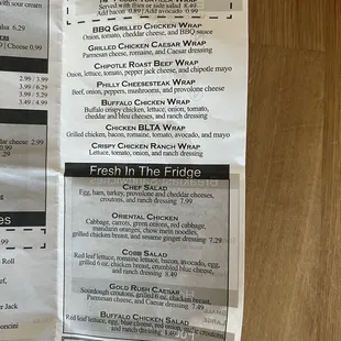 Wraps and salad menu