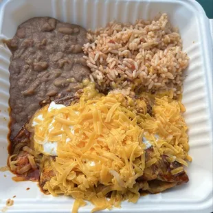 Chicken Enchiladas, beans and rice ~ $10.99
