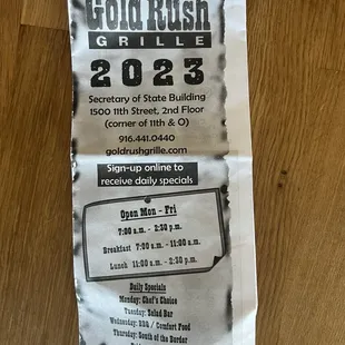 Front of menu 2023 (hours, address, email)