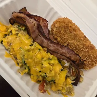 2 eggs veggie scramble, side of bacon, and hash.