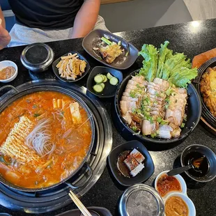 Budae Jjigae, bossam, and Koran seafood pancake
